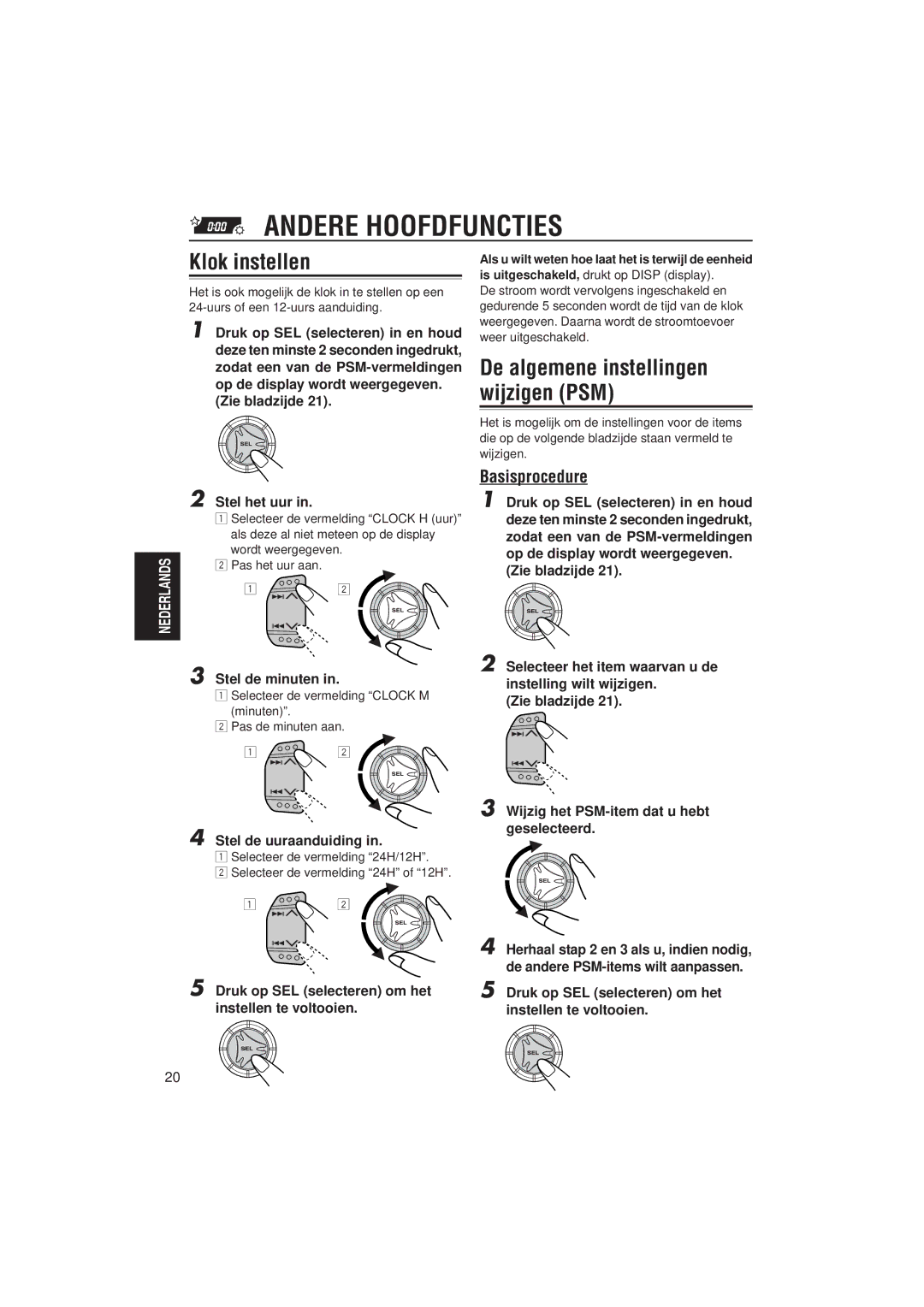 JVC KS-FX832R manual Andere Hoofdfuncties, Klok instellen, De algemene instellingen wijzigen PSM, Basisprocedure 