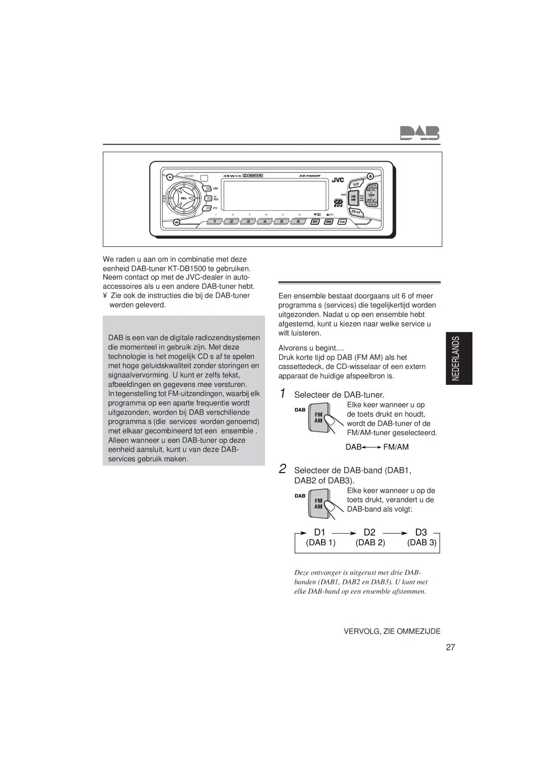 JVC KS-FX832R manual Afstemmen op een ensemble en op een van de services, Wat is het DAB-system?, Selecteer de DAB-tuner 