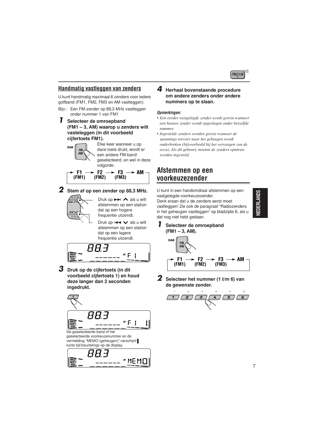 JVC KS-FX832R manual Afstemmen op een voorkeuzezender, FM1 FM2 FM3 Stem af op een zender op 88,3 MHz 