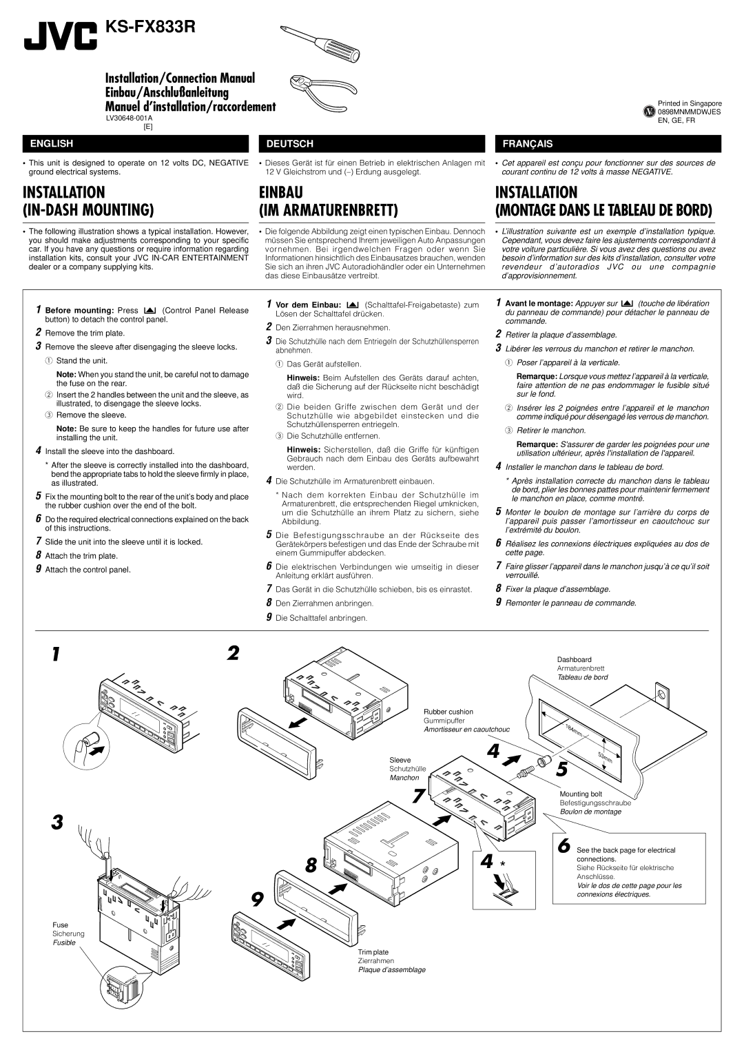 JVC KS-FX833 manual Remove the sleeve Install the sleeve into the dashboard, Die Schutzhülle entfernen 