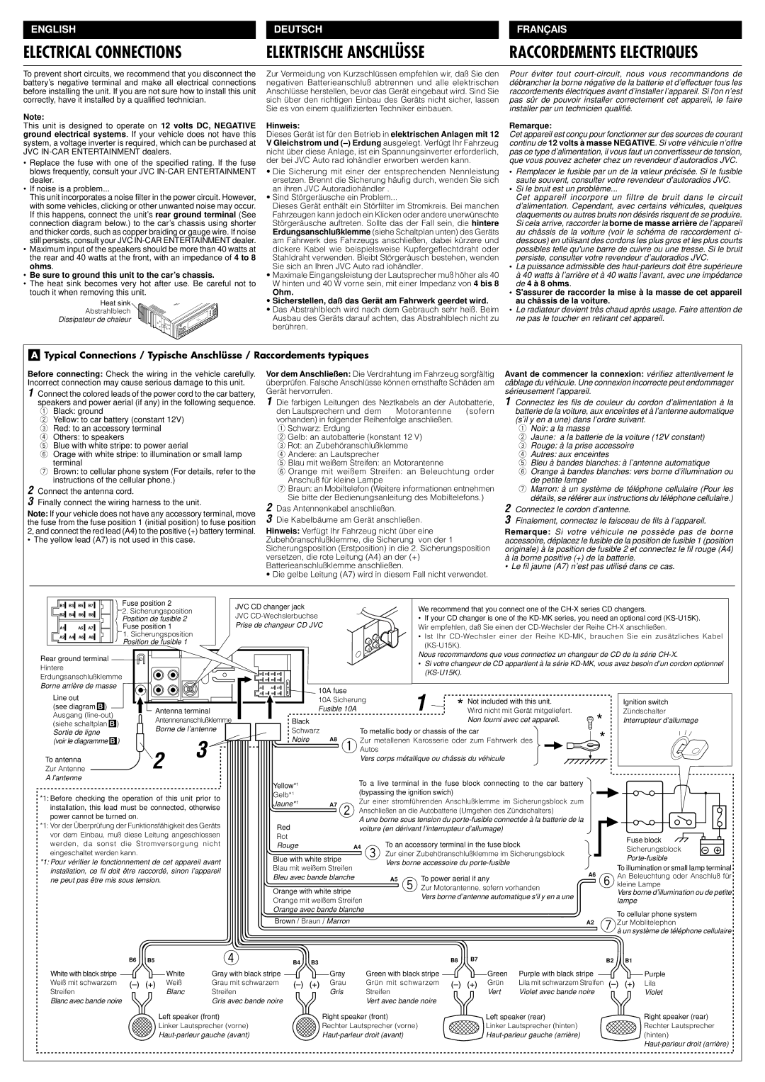 JVC KS-FX833 manual Be sure to ground this unit to the car’s chassis, Hinweis, Remarque 