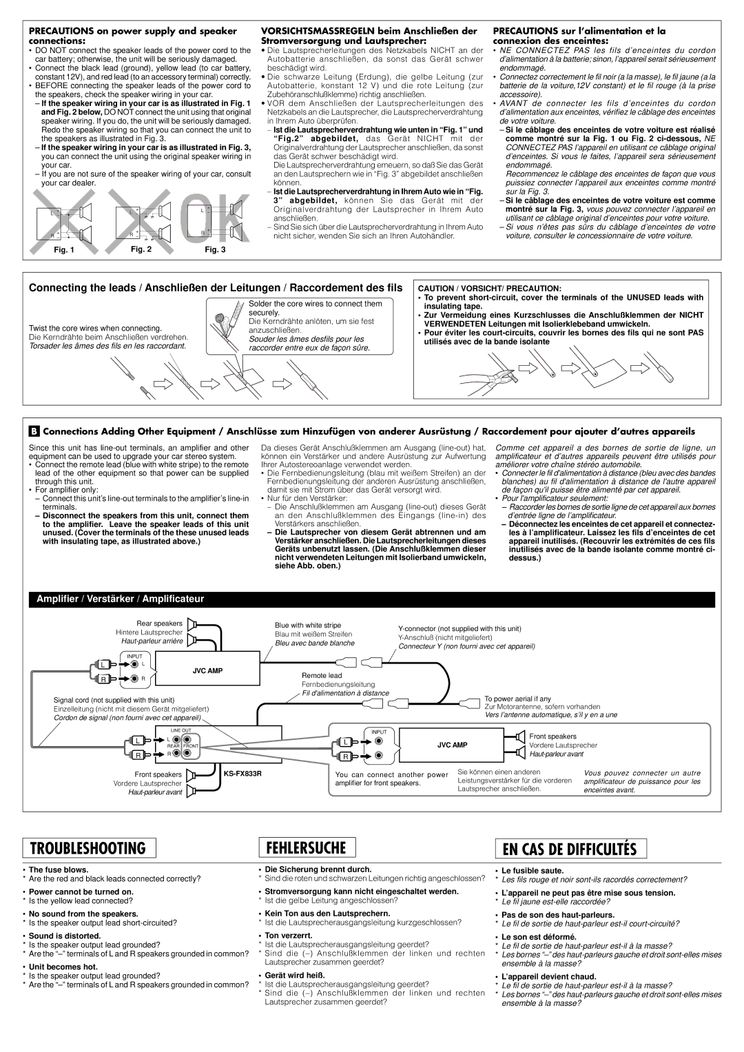 JVC KS-FX833 Fuse blows, No sound from the speakers, Sound is distorted, Unit becomes hot, Die Sicherung brennt durch 