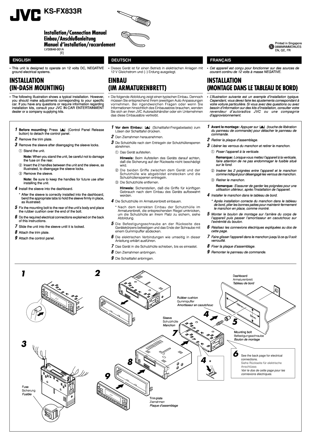 JVC manual Einbau Im Armaturenbrett, English, Deutsch, KS-FX833R, Installation/Connection Manual, 184mm, 53mm 