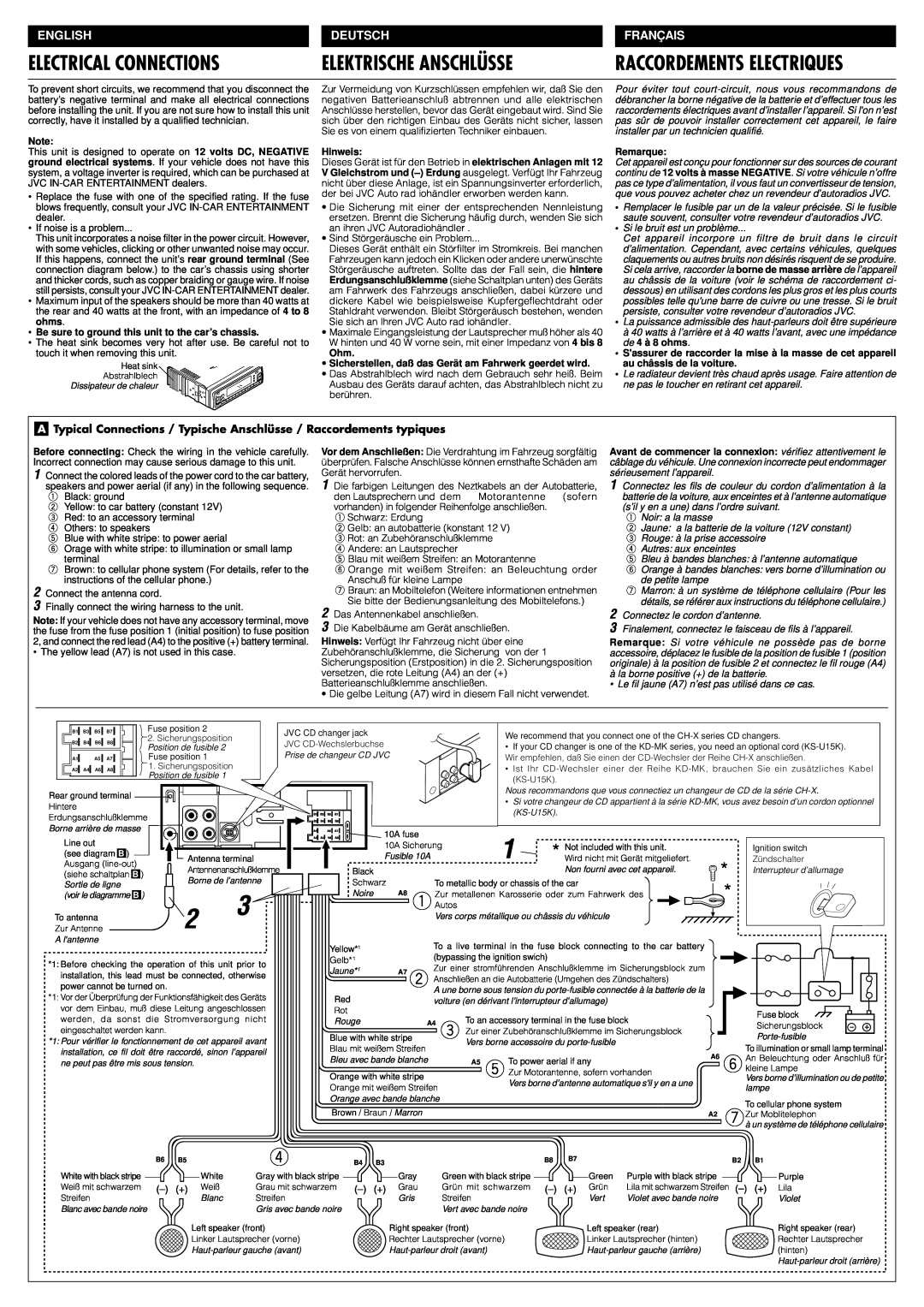 JVC KS-FX833 manual Electrical Connections, Elektrische Anschlüsse, Français, Raccordements Electriques, English, Deutsch 