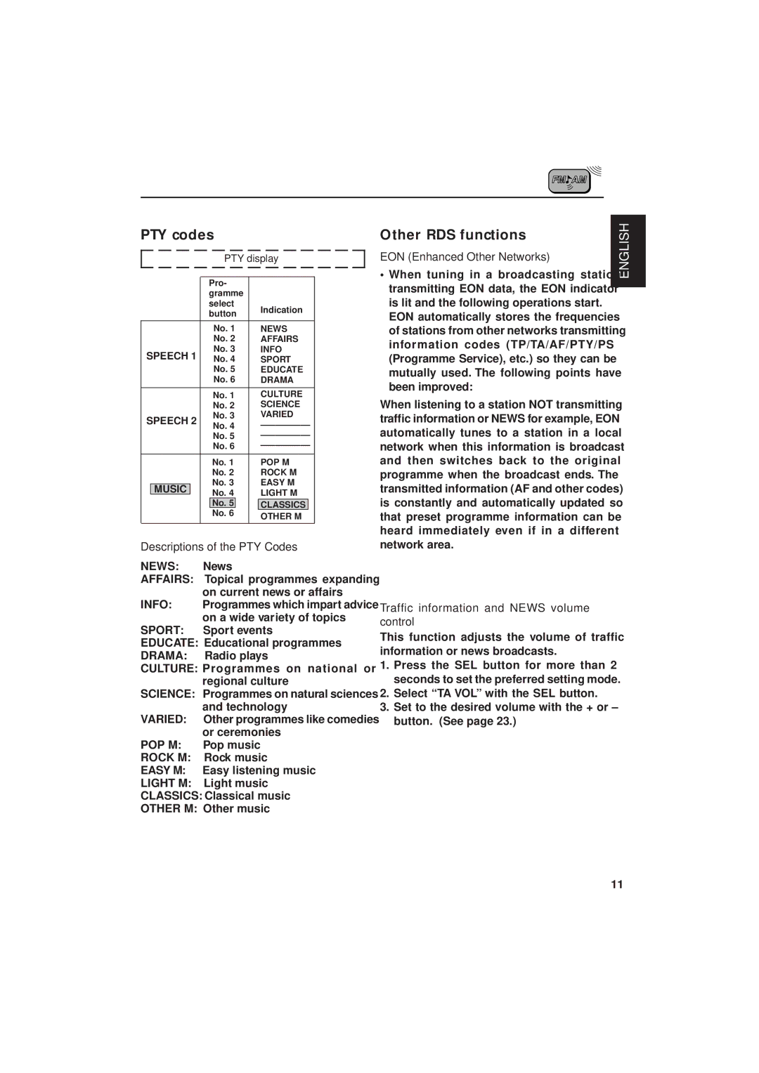 JVC KS-FX833R manual PTY codes, Other RDS functions, Descriptions of the PTY Codes, EON Enhanced Other Networks 