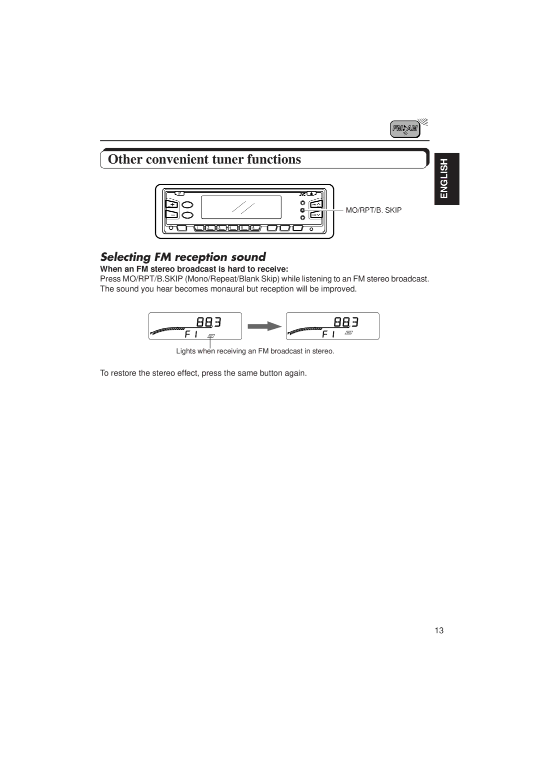 JVC KS-FX833R manual Other convenient tuner functions, Selecting FM reception sound 
