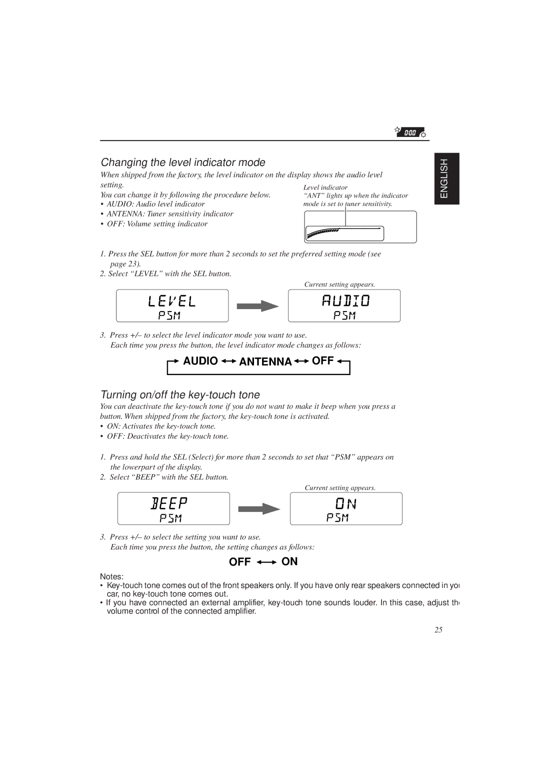 JVC KS-FX833R manual Changing the level indicator mode, Turning on/off the key-touch tone 