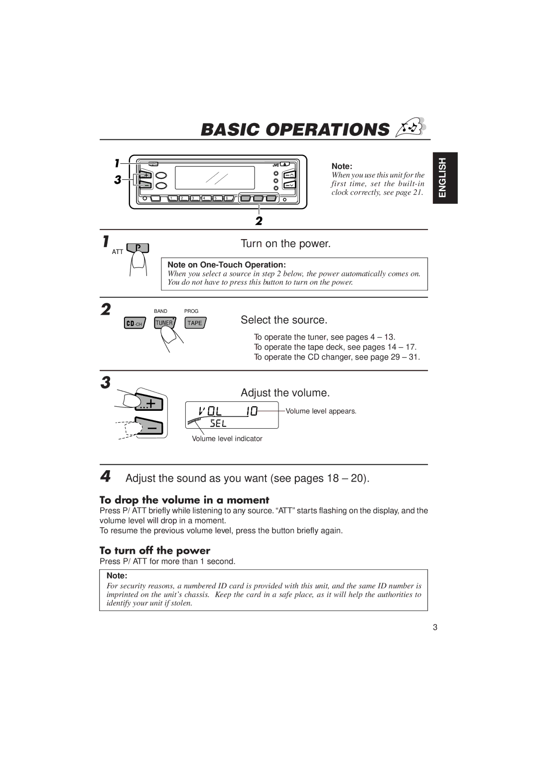 JVC KS-FX833R manual Basic Operations, Turn on the power, Select the source, Adjust the volume 