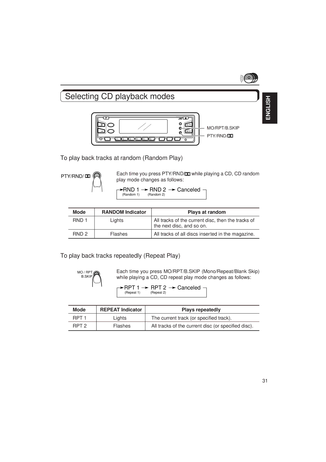 JVC KS-FX833R manual Selecting CD playback modes, To play back tracks at random Random Play 