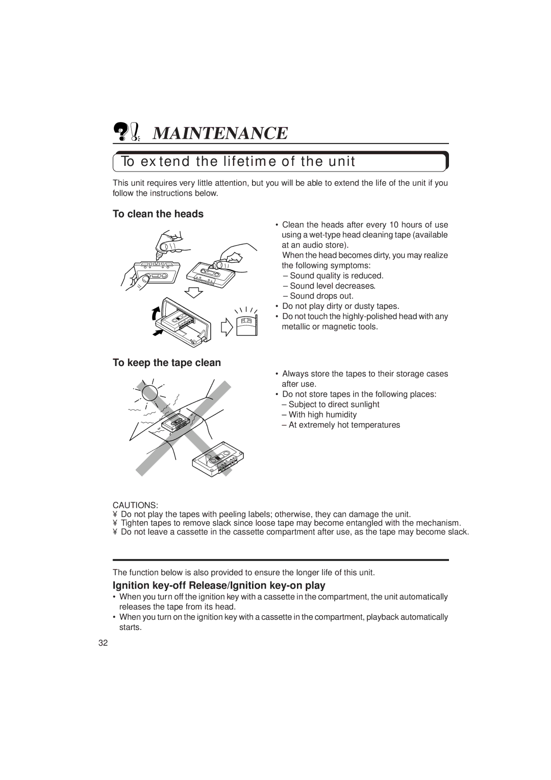 JVC KS-FX833R manual Maintenance, To extend the lifetime of the unit, To clean the heads, To keep the tape clean 