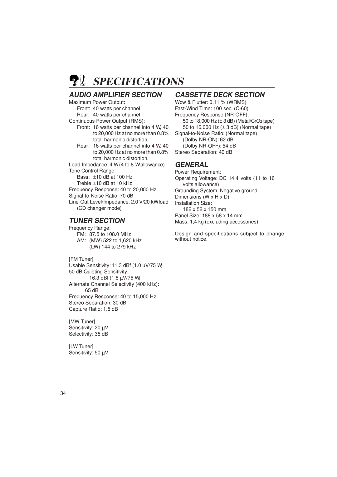 JVC KS-FX833R manual Specifications, FM Tuner, MW Tuner, LW Tuner 