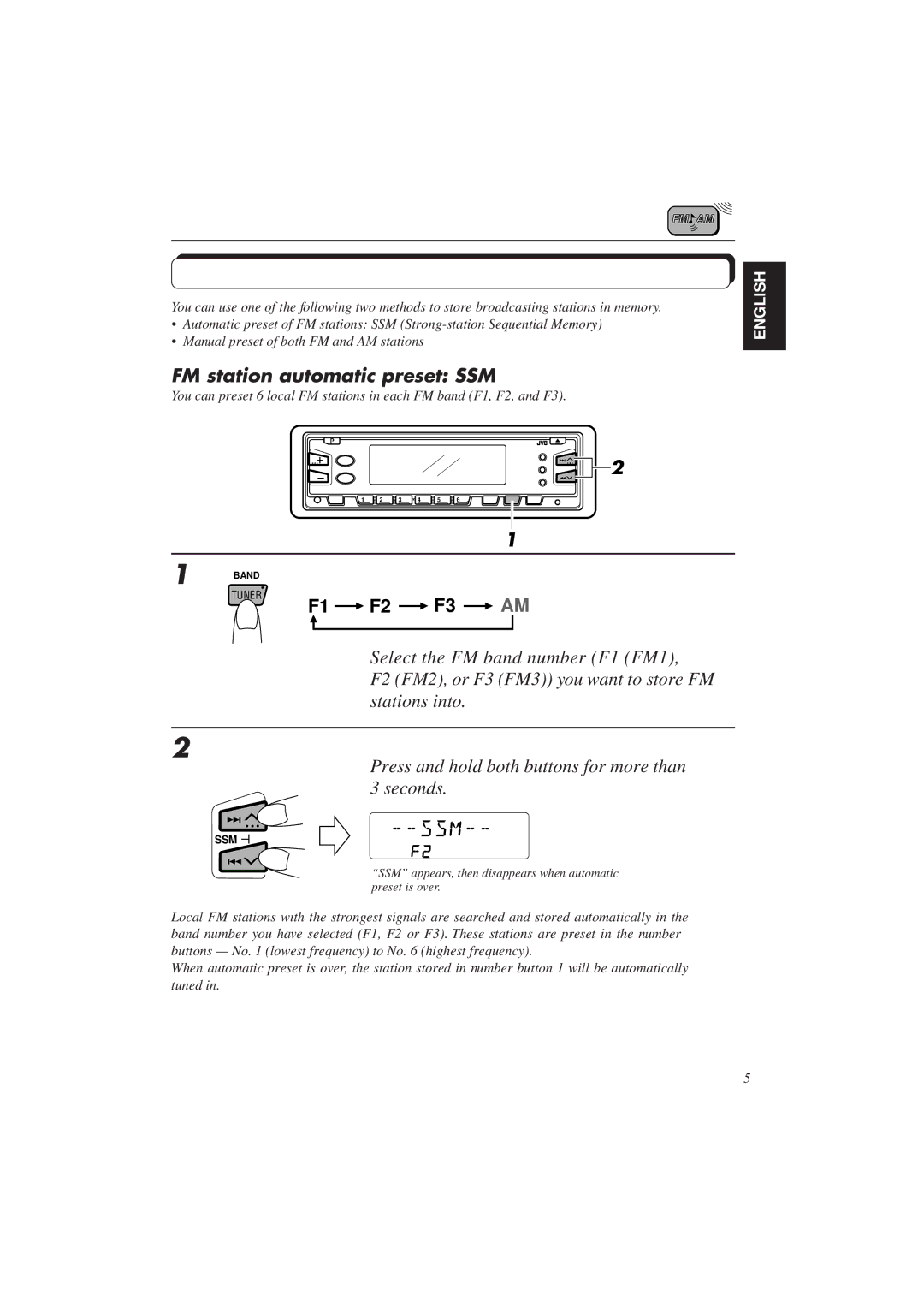 JVC KS-FX833R manual Storing stations in memory, FM station automatic preset SSM 