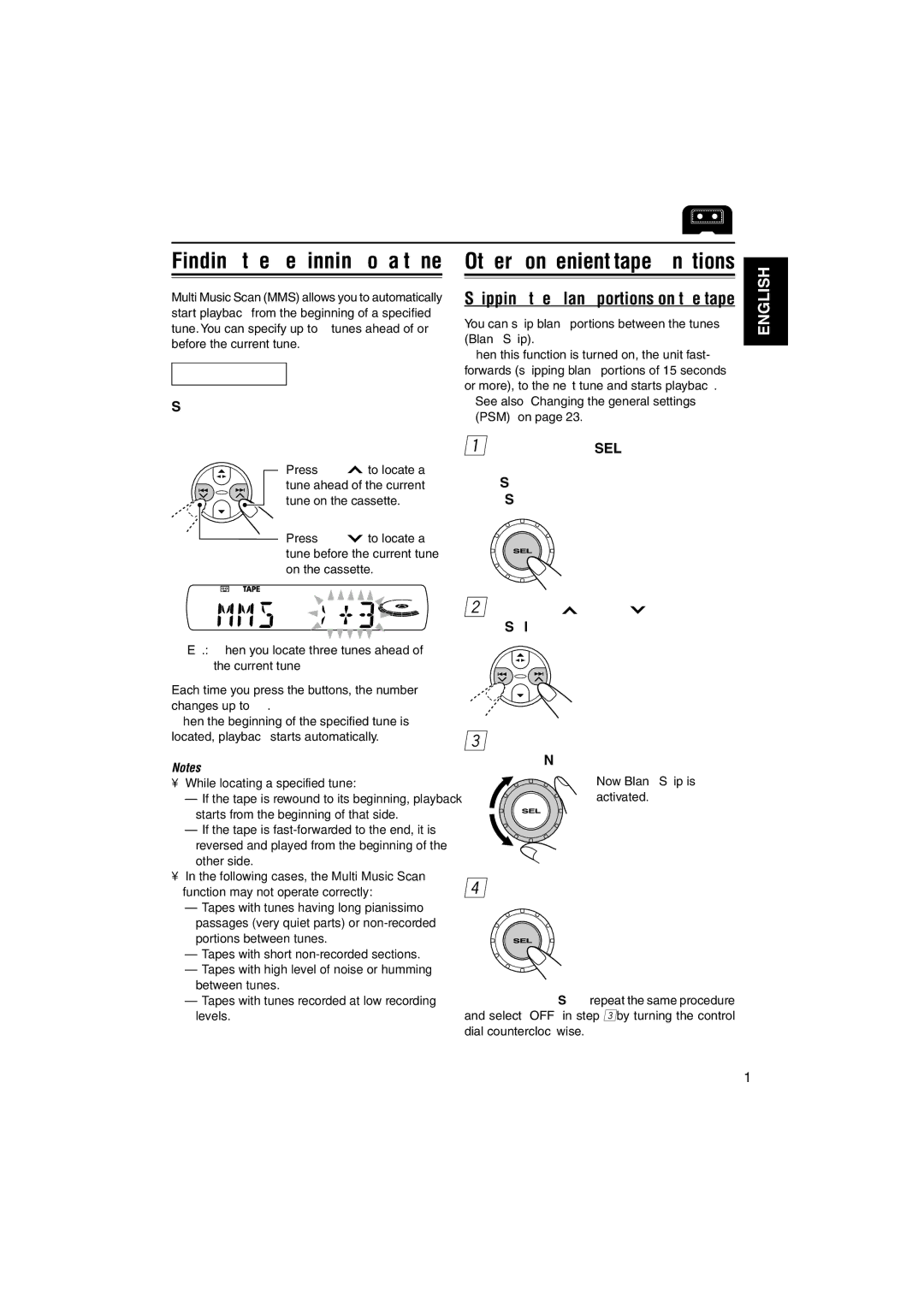 JVC KS-FX845R manual Skipping the blank portions on the tape, During playback, Now Blank Skip is activated 