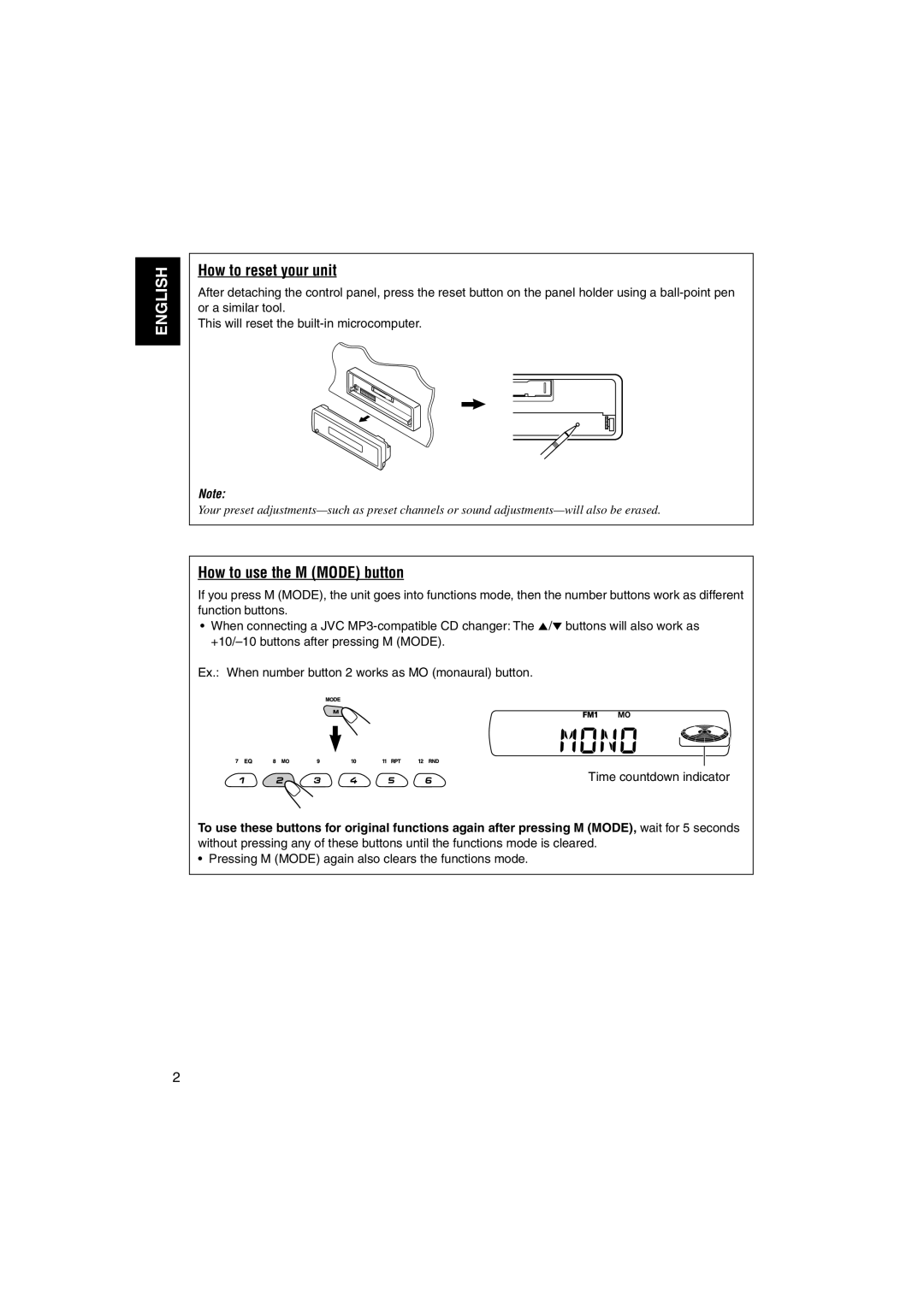 JVC KS-FX845R manual How to reset your unit, How to use the M Mode button 