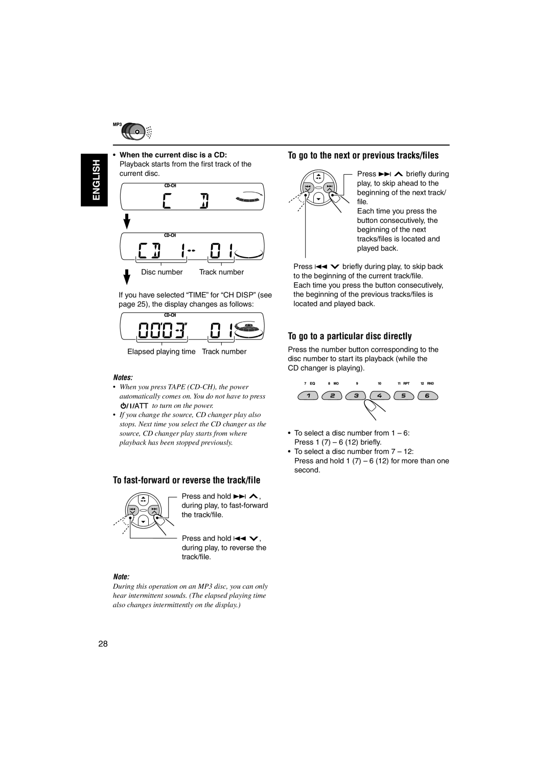 JVC KS-FX845R manual To fast-forward or reverse the track/file, To go to the next or previous tracks/files 