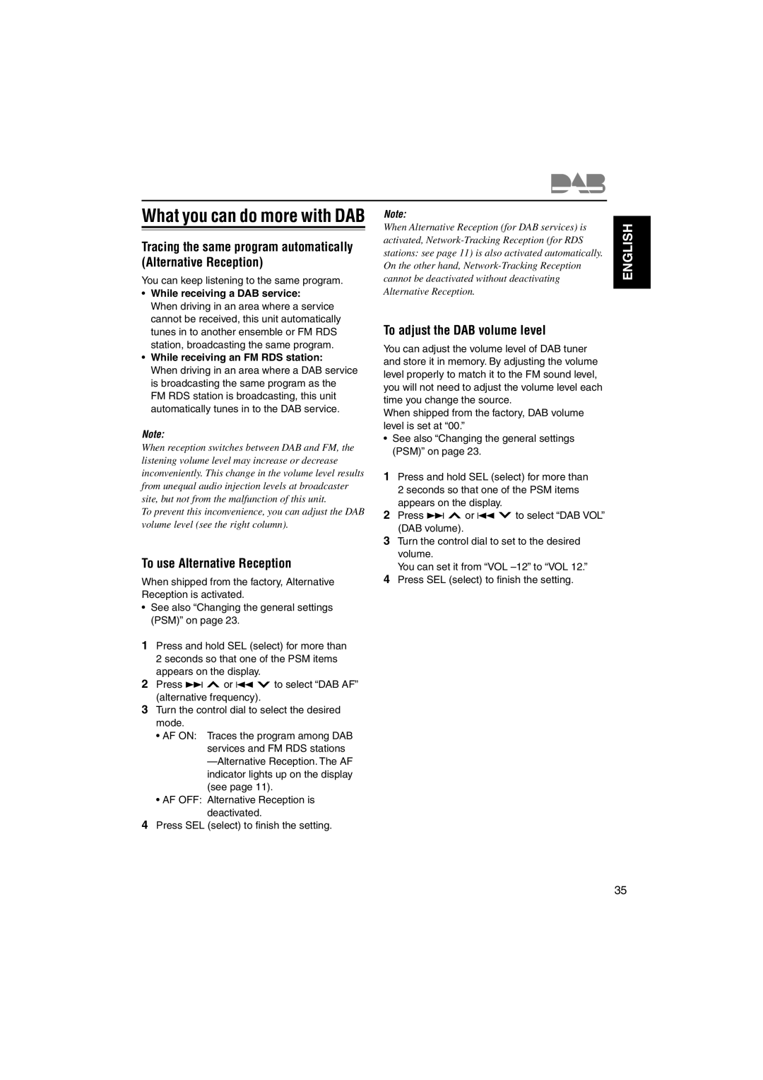 JVC KS-FX845R To use Alternative Reception, To adjust the DAB volume level, You can keep listening to the same program 