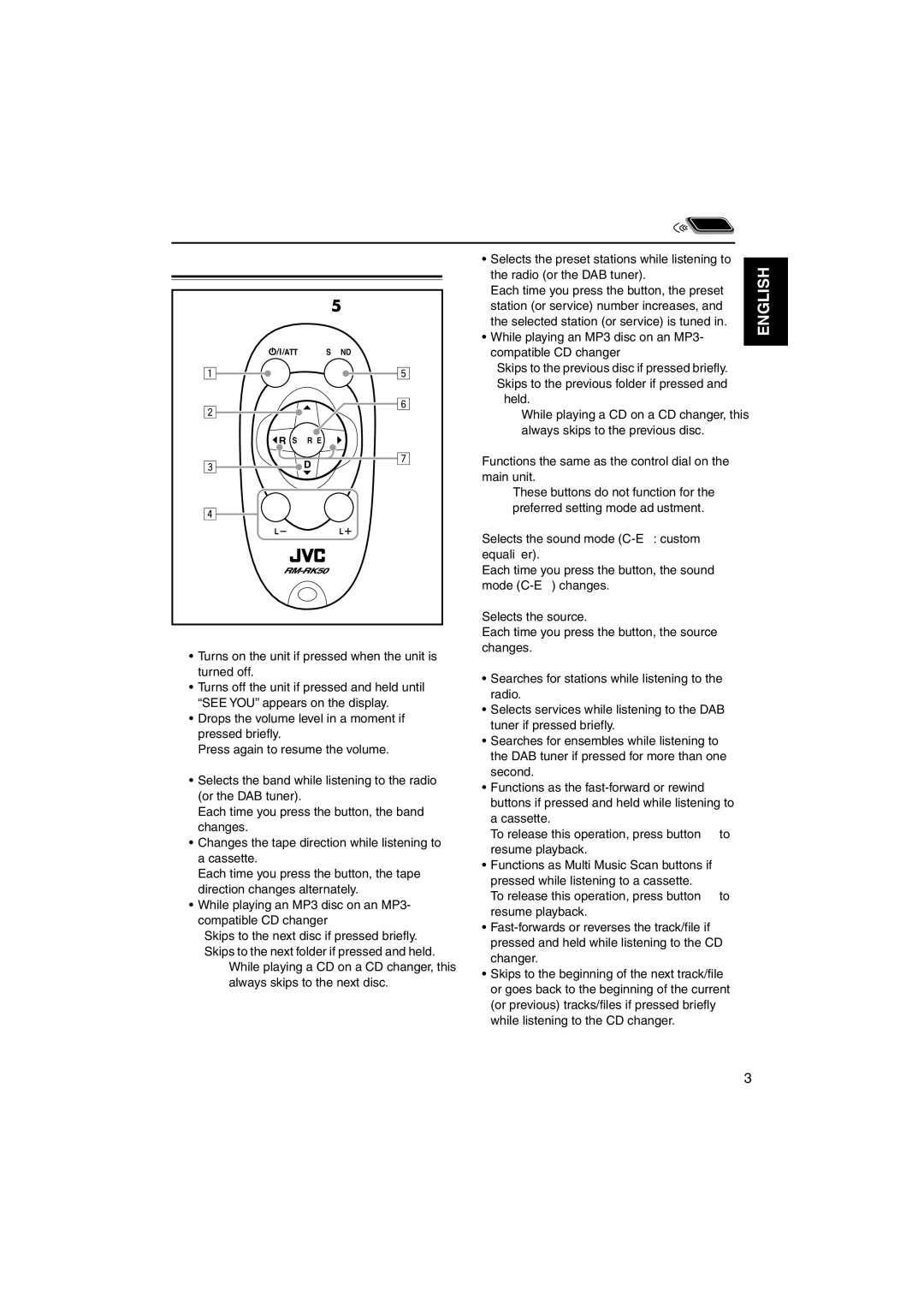 JVC KS-FX845R manual Remote controller, RM-RK50 