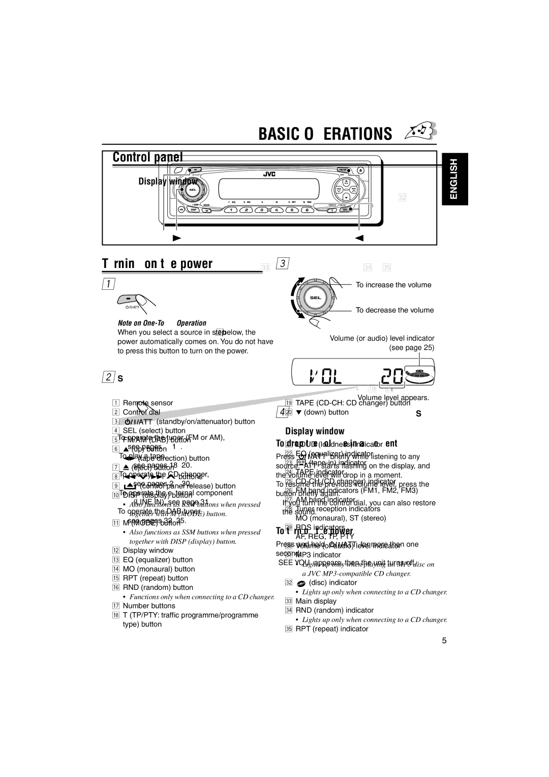 JVC KS-FX845R manual Turning on the power, To drop the volume in a moment, To turn off the power 