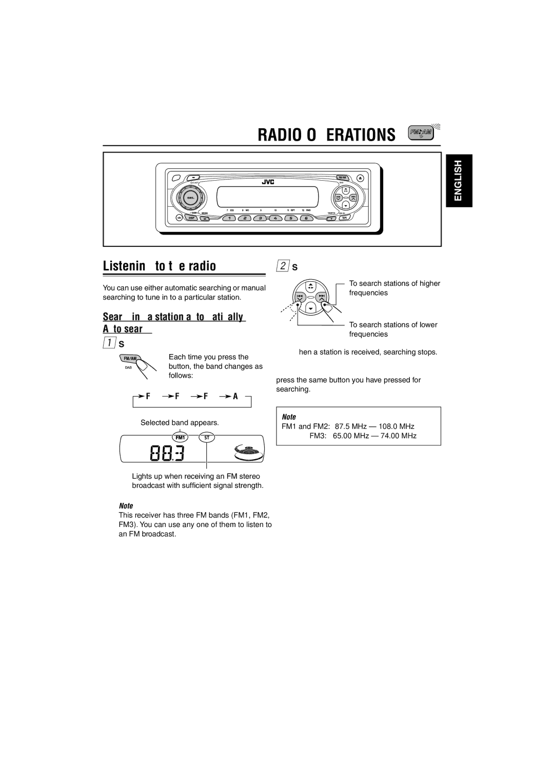 JVC KS-FX845R manual Radio Operations, Listening to the radio, Searching a station automatically Auto search 