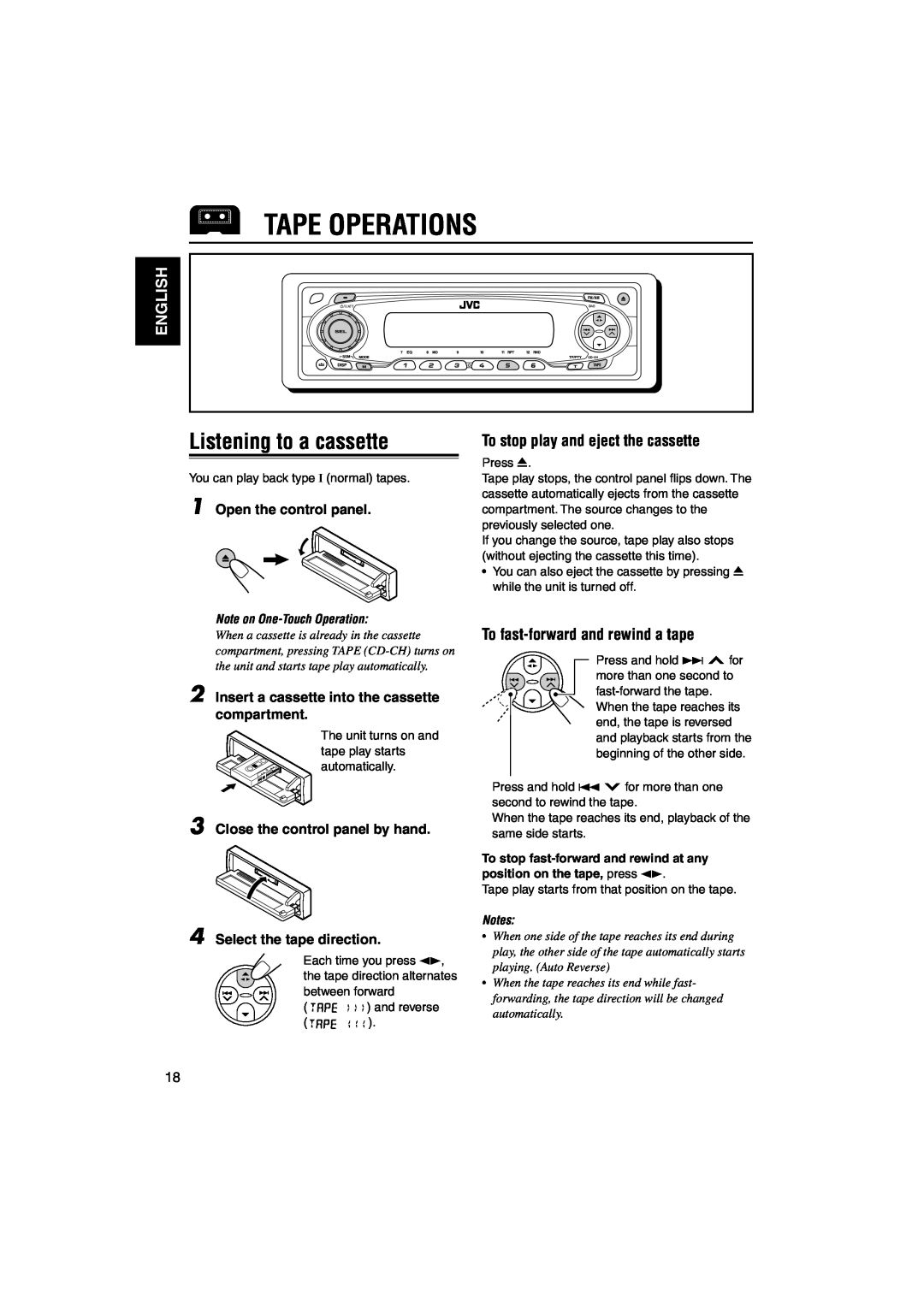 JVC KS-FX845R manual Tape Operations, Listening to a cassette, To stop play and eject the cassette, English 