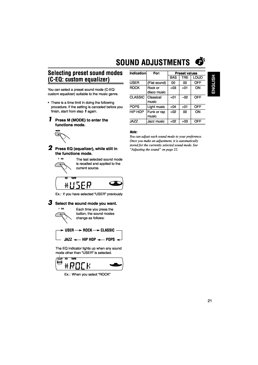 JVC KS-FX845R manual Sound Adjustments, English, Press M MODE to enter the functions mode, Select the sound mode you want 
