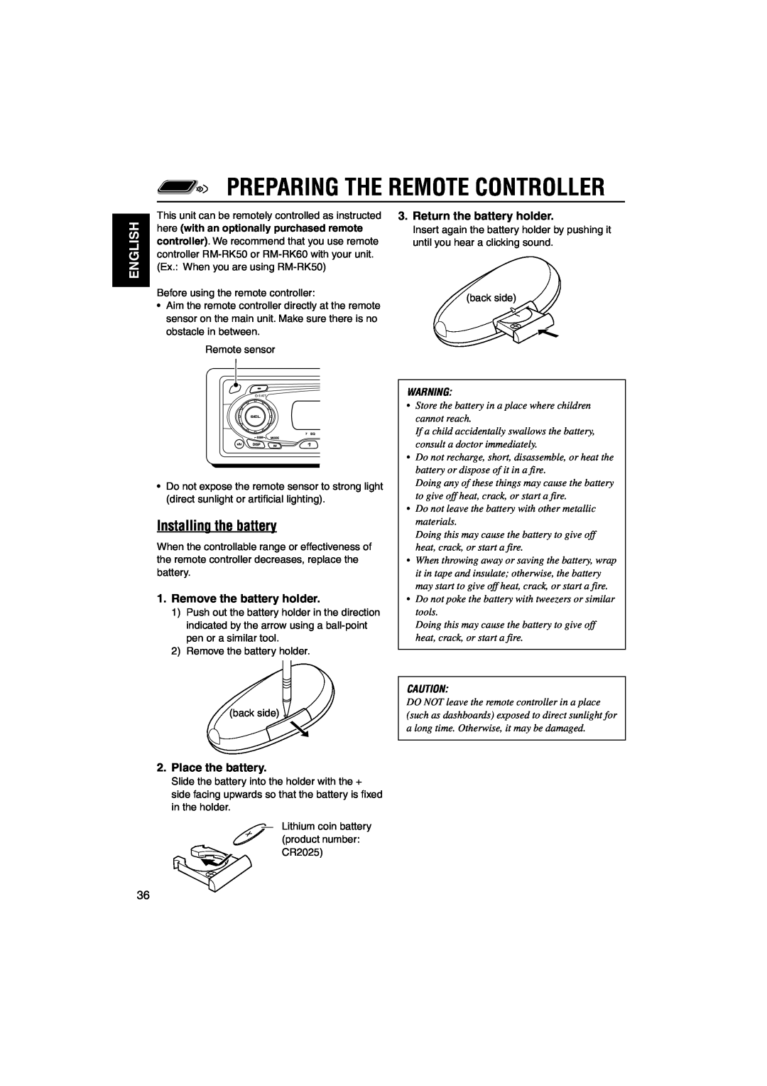JVC KS-FX845R manual Installing the battery, Preparing The Remote Controller, English, Return the battery holder 