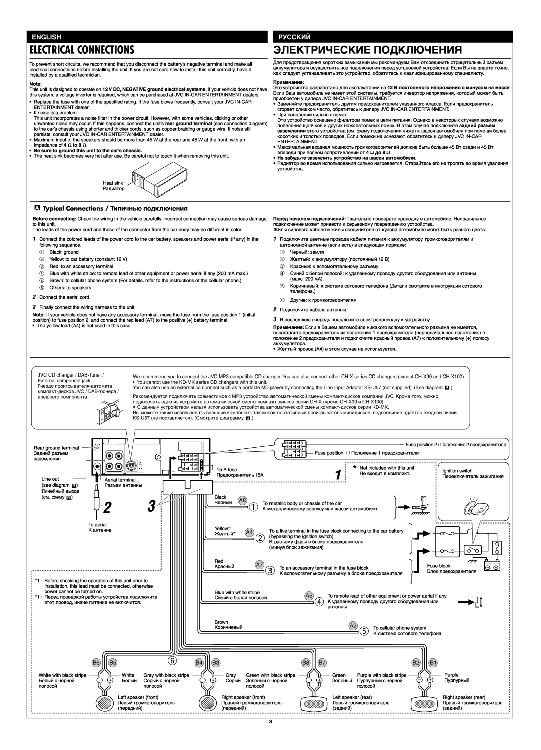 JVC KS-FX845R manual Electrical Connections, Электрические Подключения, English, Русский 