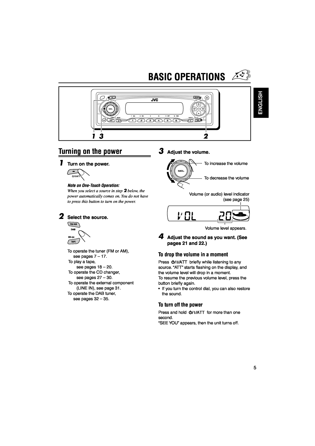 JVC KS-FX845R manual Turning on the power, To drop the volume in a moment, To turn off the power, Basic Operations, English 