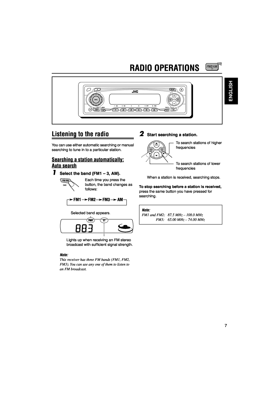 JVC KS-FX845R manual Radio Operations, Listening to the radio, Searching a station automatically Auto search, English 