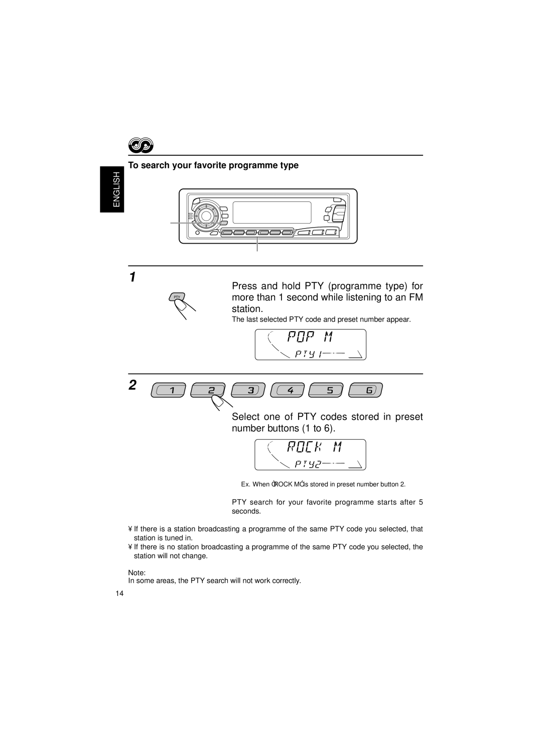 JVC KS-FX834R manual Select one of PTY codes stored in preset number buttons 1 to, To search your favorite programme type 