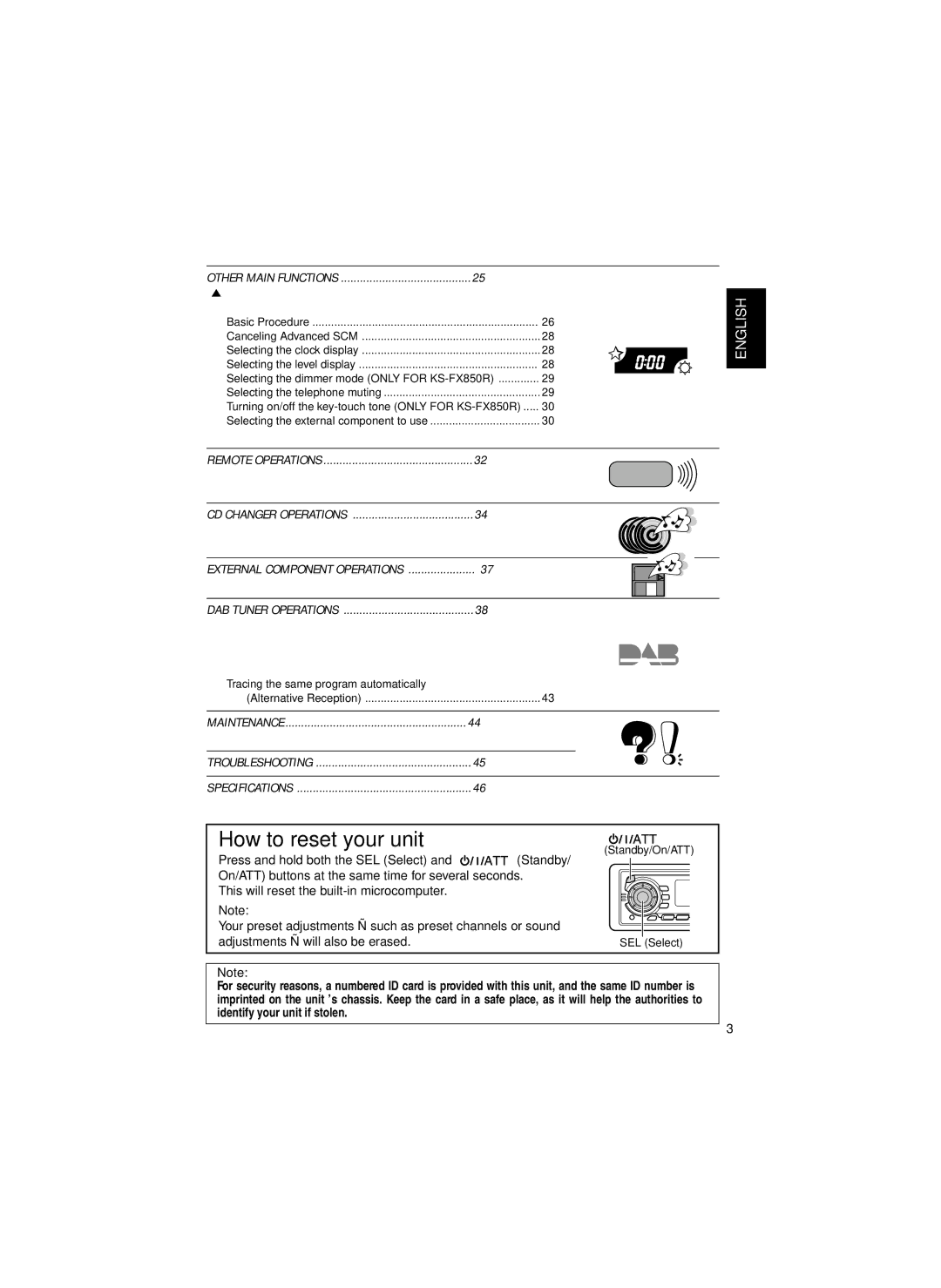 JVC KS-FX835R, KS-FX850R, KS-FX820R, KS-FX834R manual How to reset your unit 