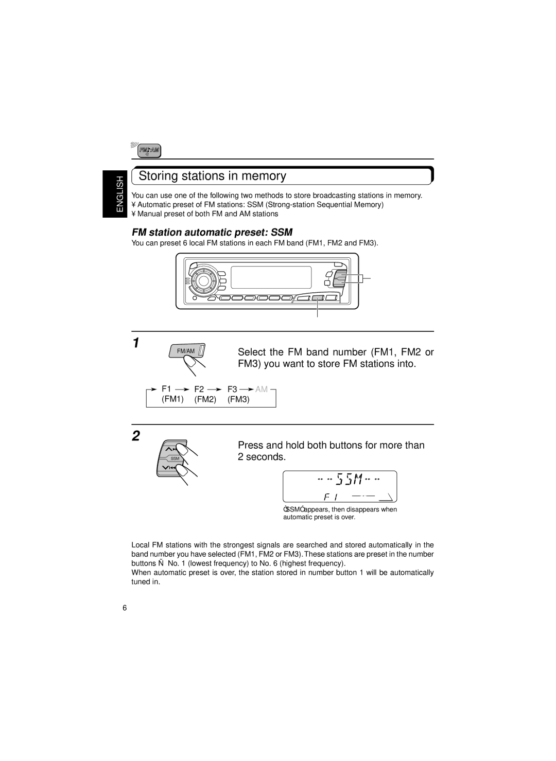 JVC KS-FX834R, KS-FX850R, KS-FX820R, KS-FX835R manual Storing stations in memory, FM station automatic preset SSM 