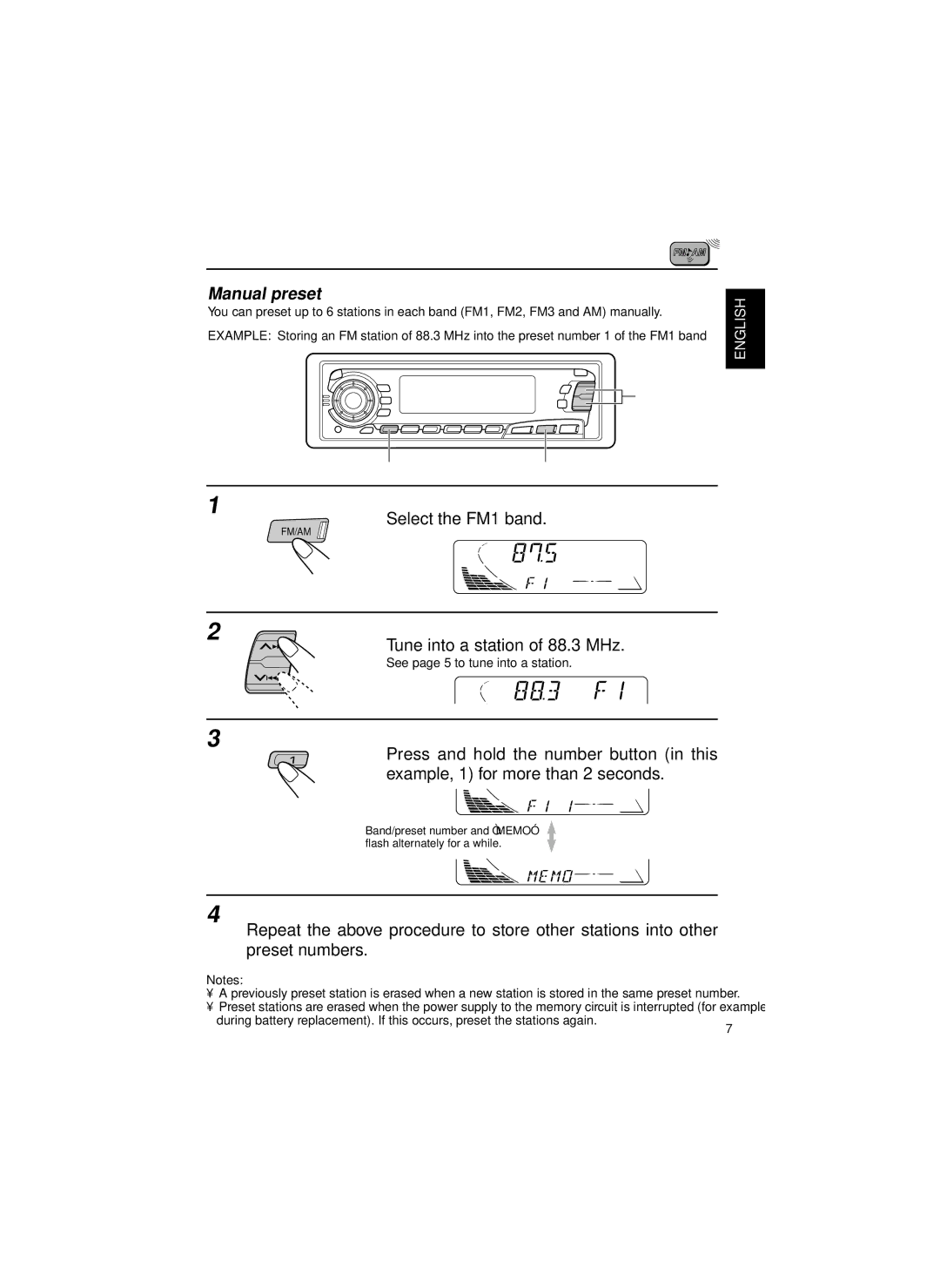 JVC KS-FX835R, KS-FX850R, KS-FX820R, KS-FX834R manual Manual preset, Select the FM1 band, Tune into a station of 88.3 MHz 