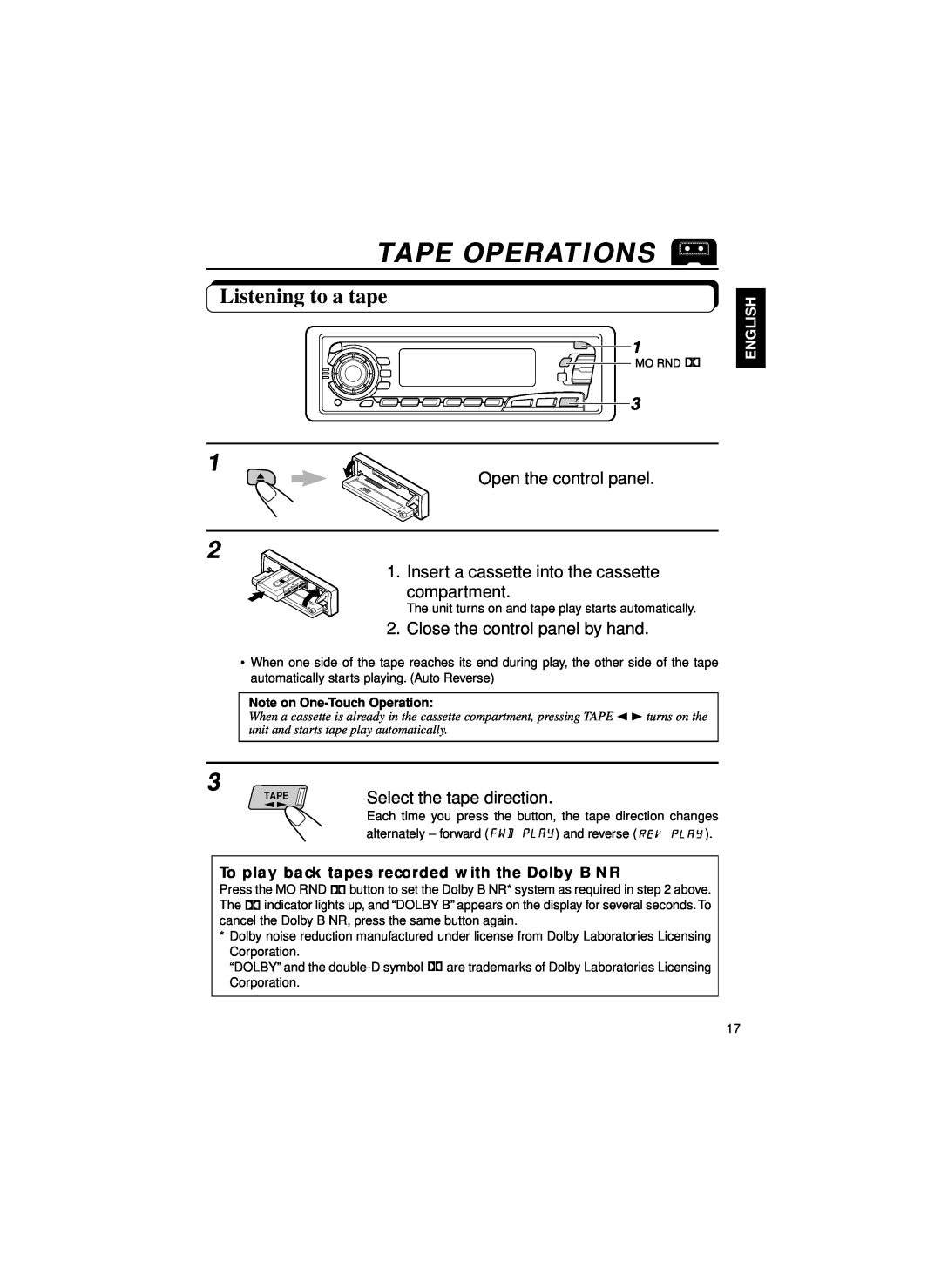 JVC KS-FX820R manual Tape Operations, Listening to a tape, Open the control panel, Close the control panel by hand, English 