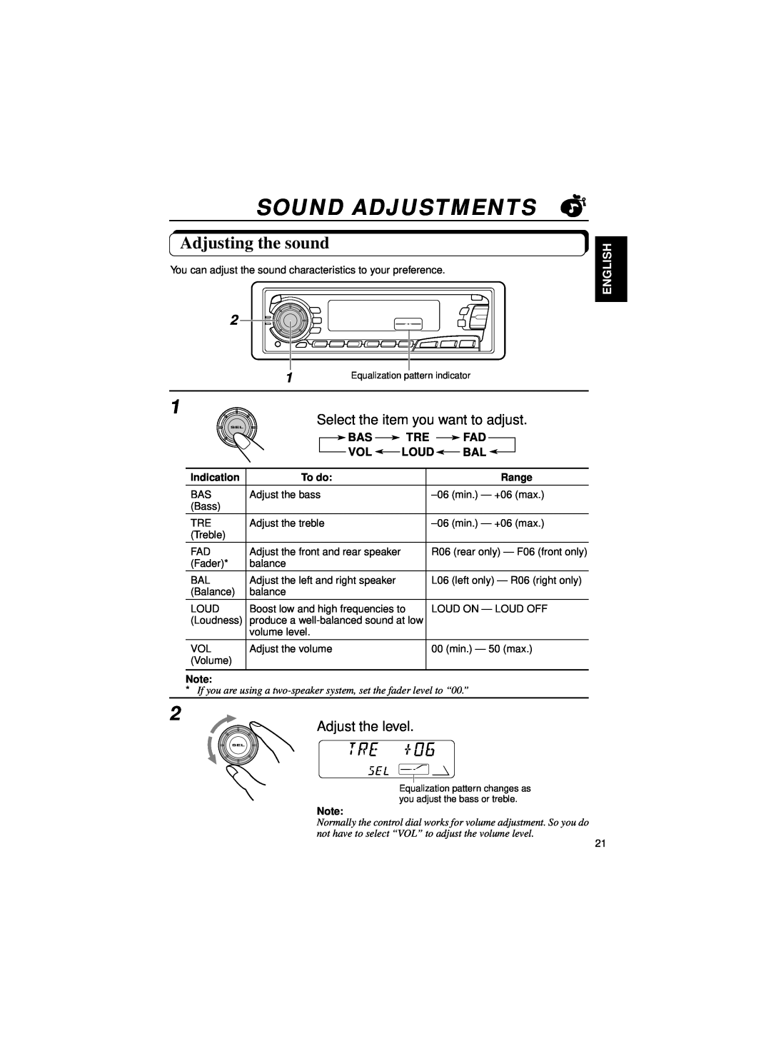JVC KS-FX820R Sound Adjustments, Adjusting the sound, Select the item you want to adjust, Adjust the level, Loud, English 
