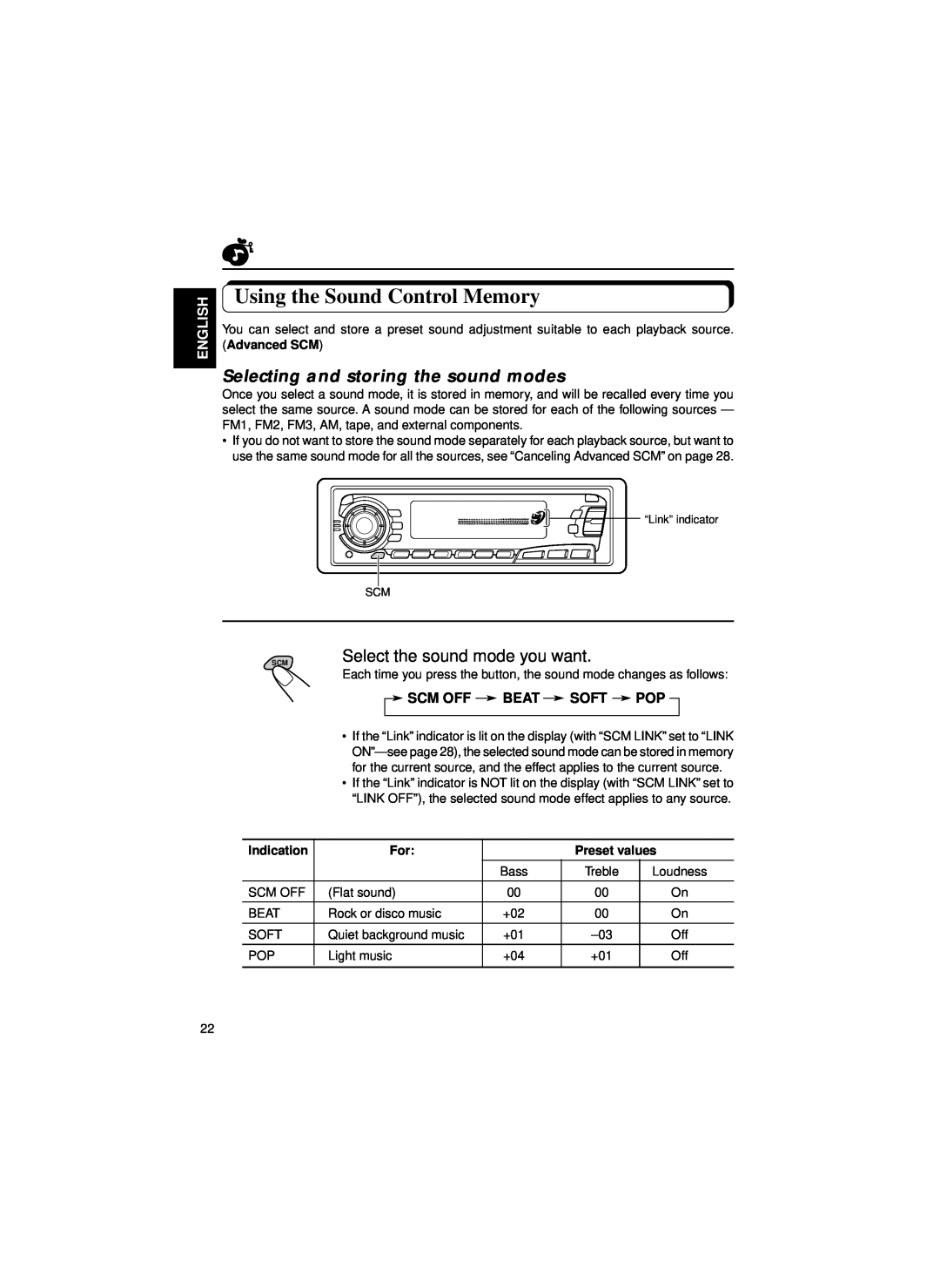 JVC KS-FX834R manual Using the Sound Control Memory, Selecting and storing the sound modes, Select the sound mode you want 