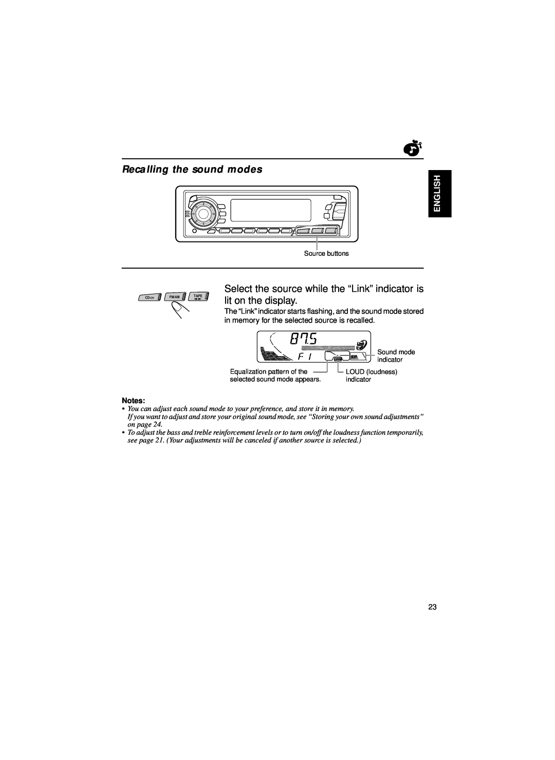 JVC KS-FX835R, KS-FX850R, KS-FX820R, KS-FX834R manual Recalling the sound modes, English, Notes 