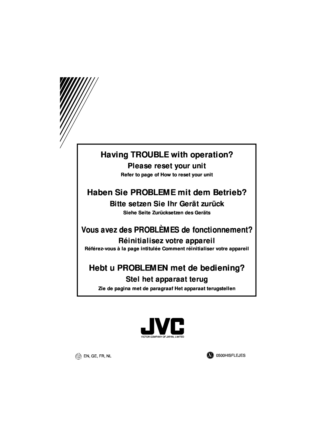 JVC KS-FX835R Refer to page of How to reset your unit, Siehe Seite Zurücksetzen des Geräts, Having TROUBLE with operation? 