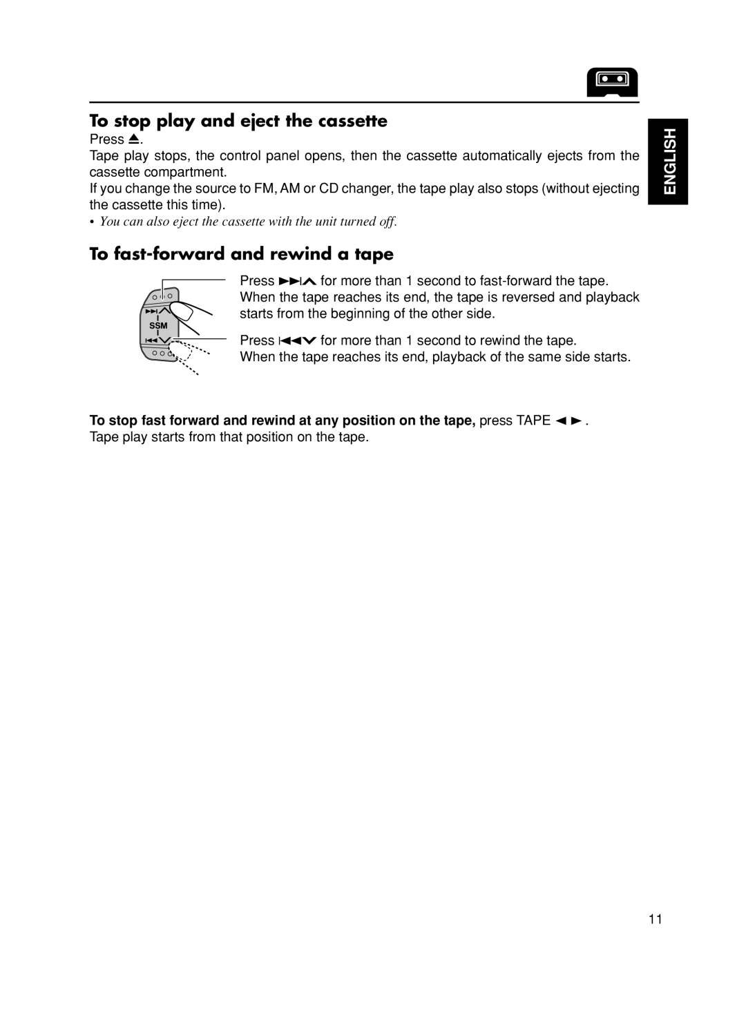 JVC KS-FX90 manual To stop play and eject the cassette, To fast-forward and rewind a tape 