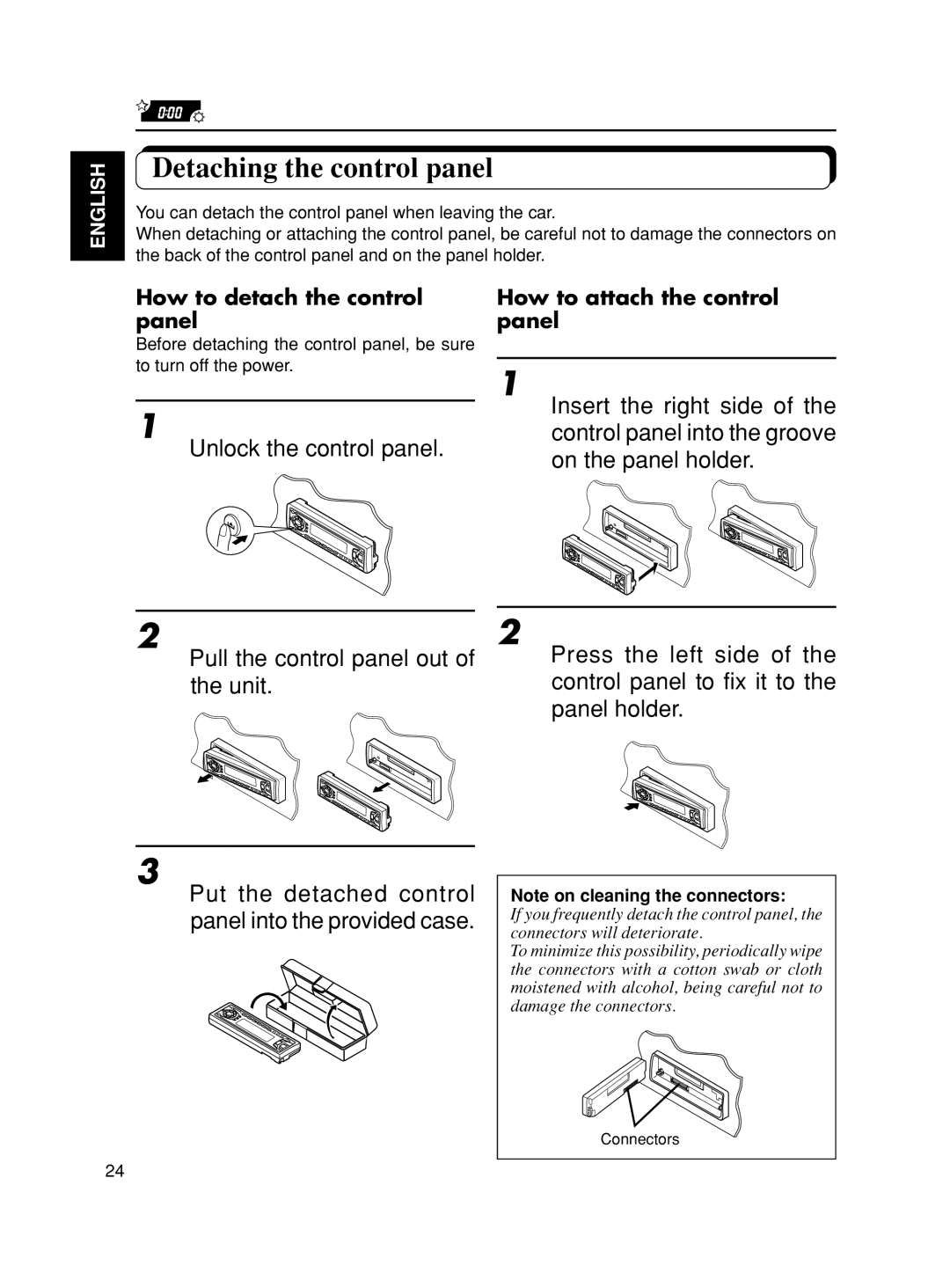 JVC KS-FX90 manual Detaching the control panel, Unlock the control panel, How to detach the control panel 