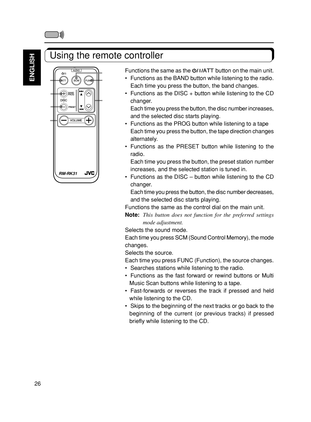 JVC KS-FX90 manual Using the remote controller 