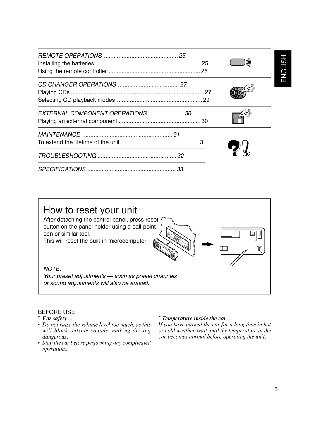 JVC KS-FX90 manual How to reset your unit 