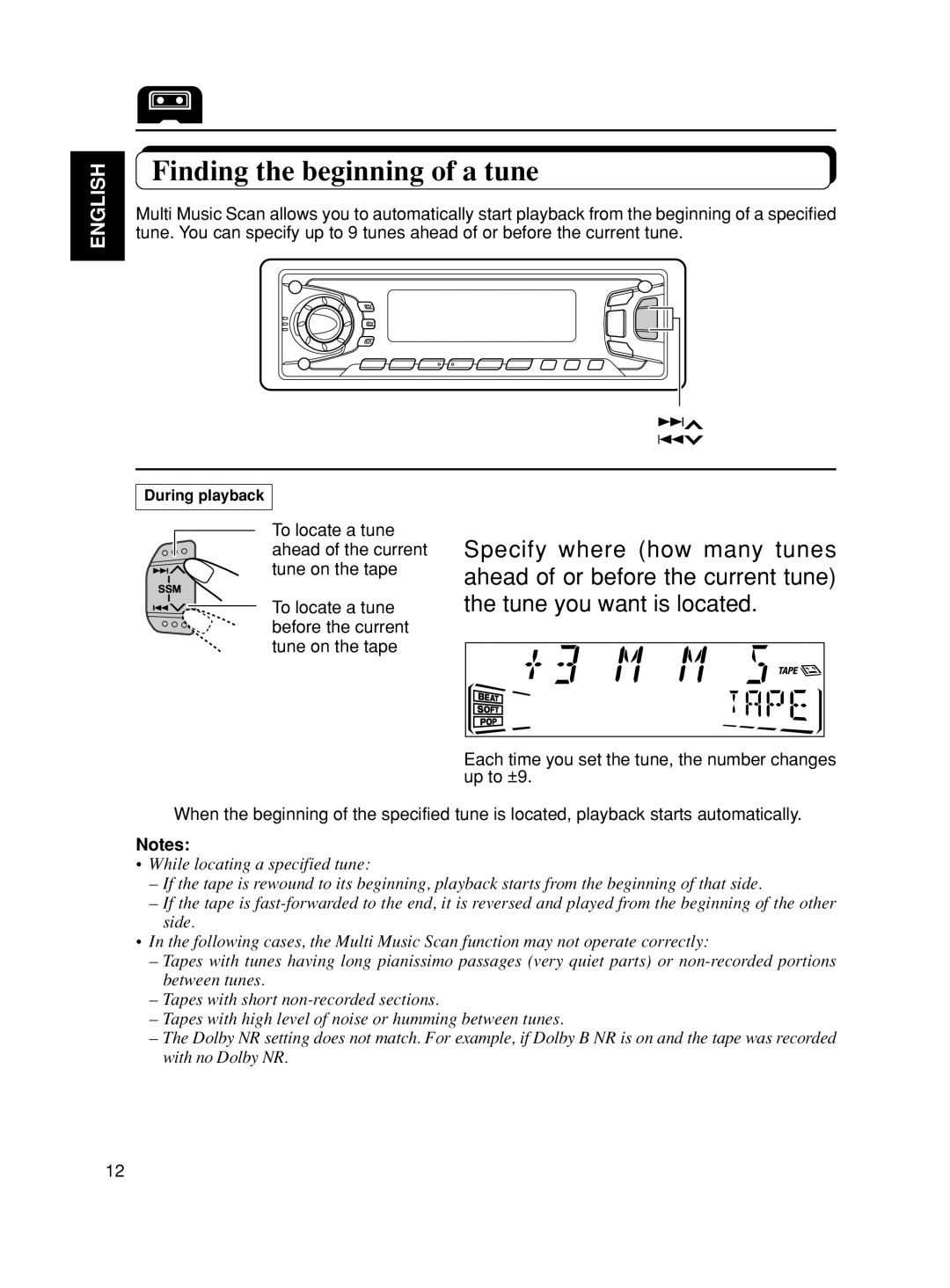 JVC KS-FX90 manual Finding the beginning of a tune, English, Notes 