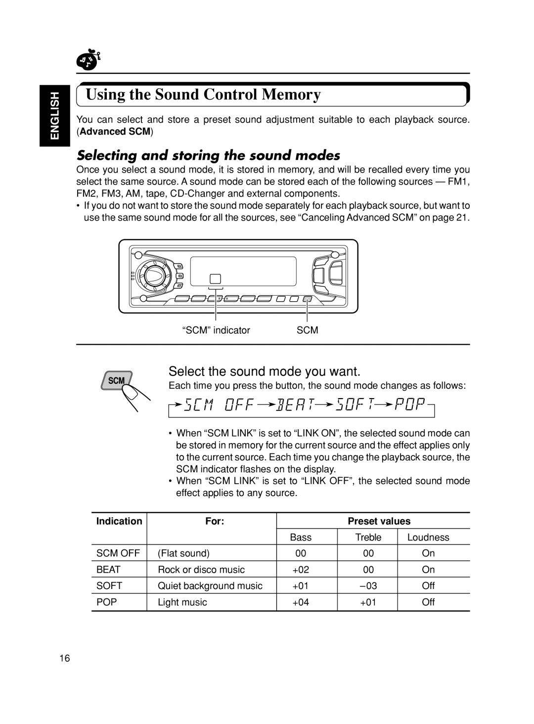 JVC KS-FX90 Using the Sound Control Memory, Selecting and storing the sound modes, Select the sound mode you want, English 