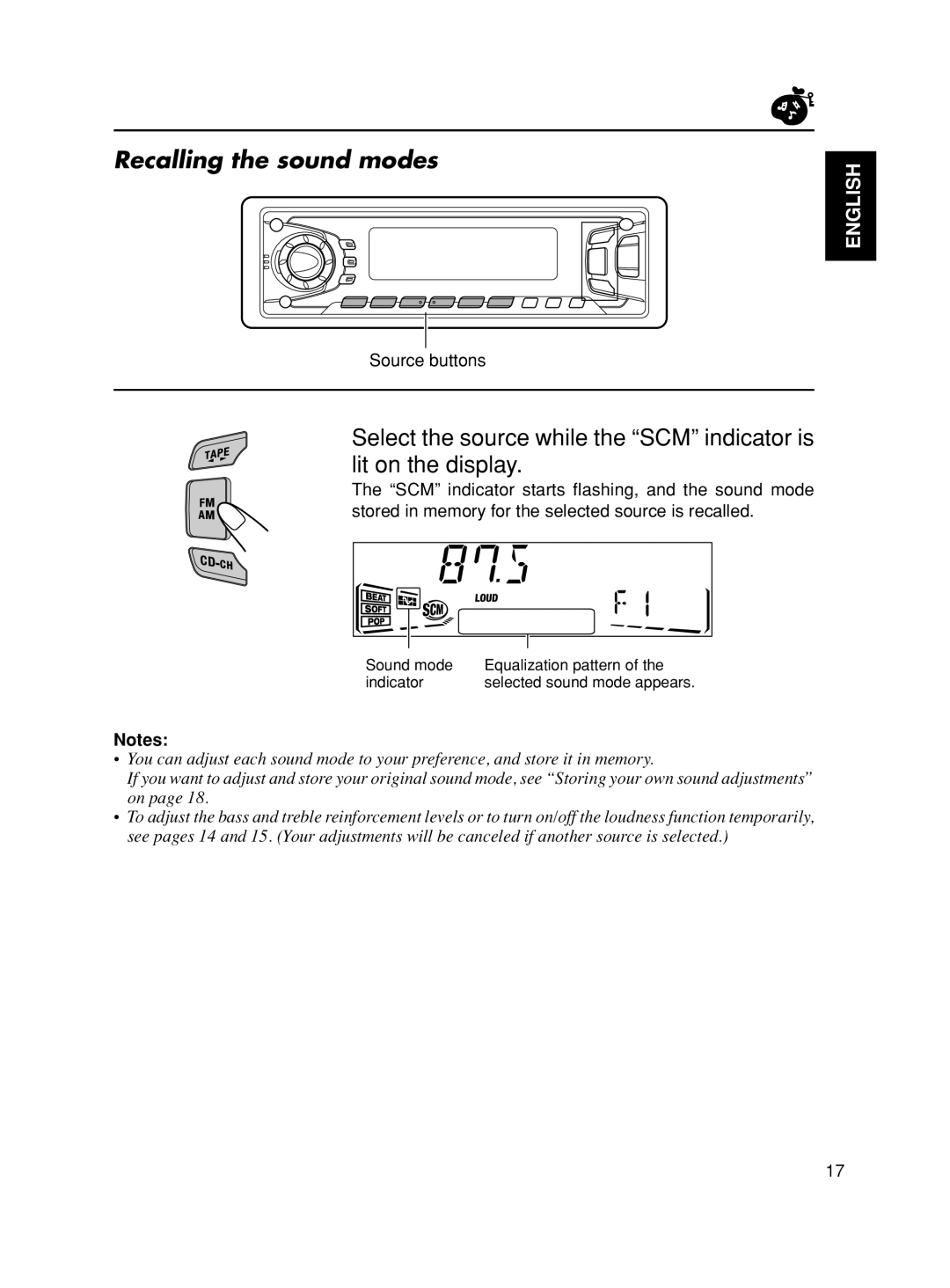 JVC KS-FX90 manual Recalling the sound modes, English, Source buttons, Notes 