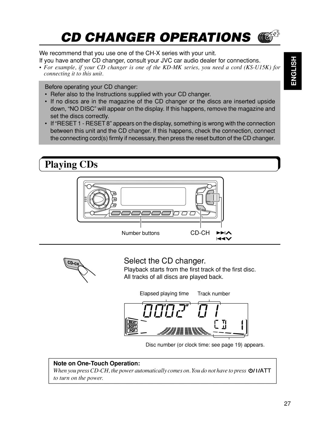 JVC KS-FX90 manual Cd Changer Operations, Playing CDs, Select the CD changer, English, Note on One-TouchOperation 