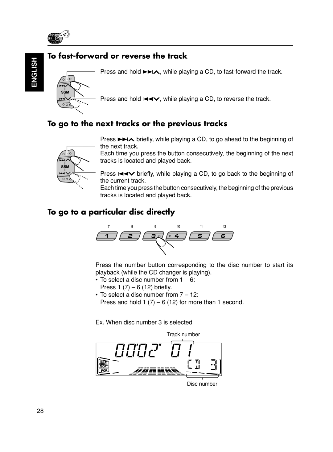 JVC KS-FX90 manual To fast-forwardor reverse the track, To go to the next tracks or the previous tracks, English 