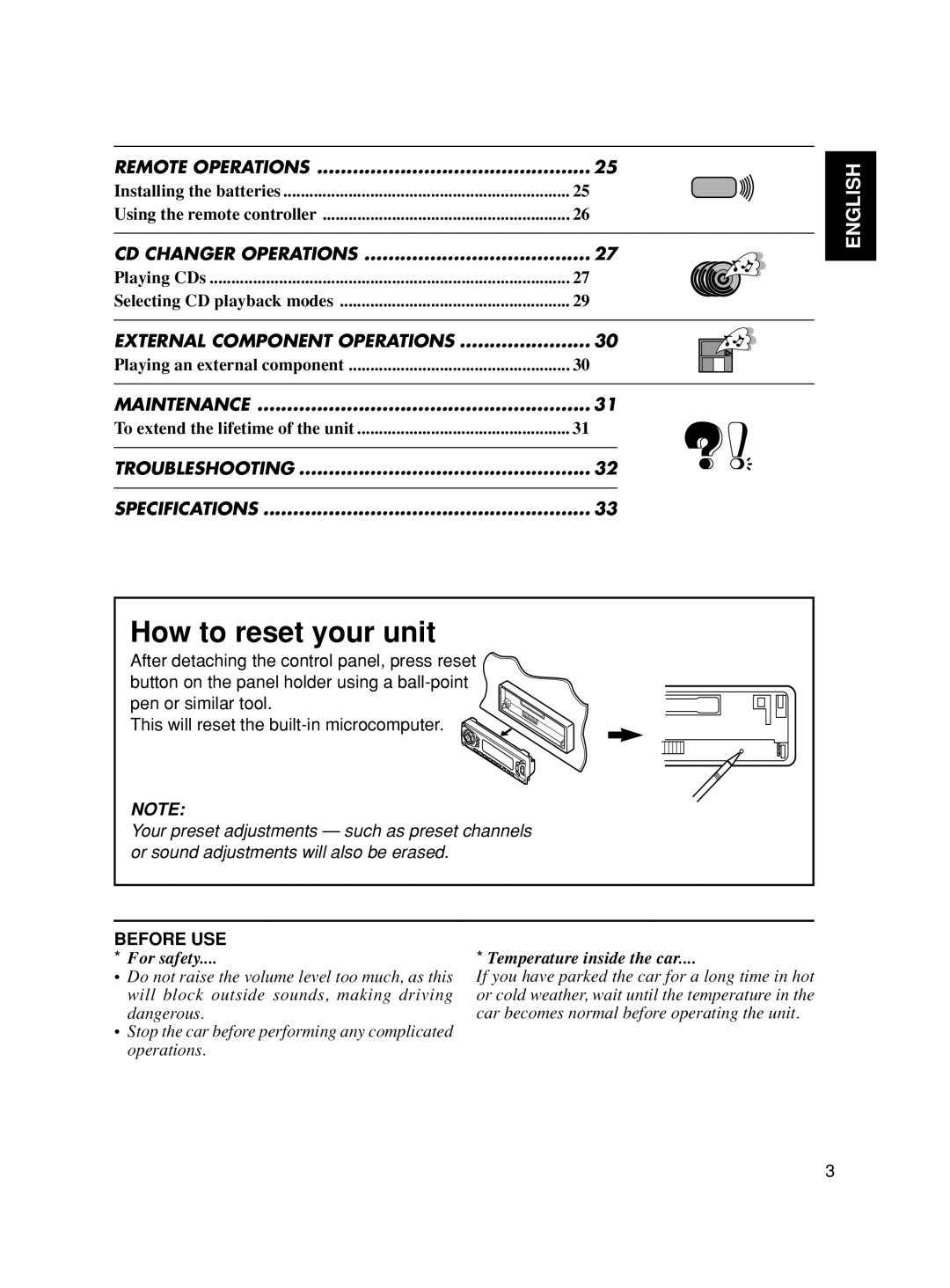 JVC KS-FX90 manual How to reset your unit, English, Before Use, For safety, Temperature inside the car 