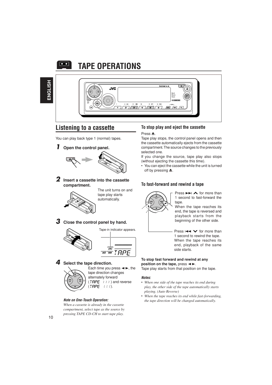 JVC KS-FX911, KS-FX811 manual Tape Operations, Listening to a cassette, To stop play and eject the cassette 