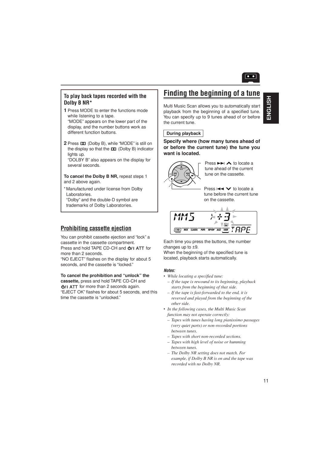 JVC KS-FX811, KS-FX911 Prohibiting cassette ejection, To play back tapes recorded with the Dolby B NR, During playback 